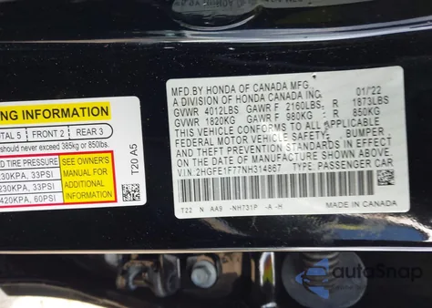 2022 Honda Civic Ex из США, поврежденный, VIN 2HGFE1F77NH314867